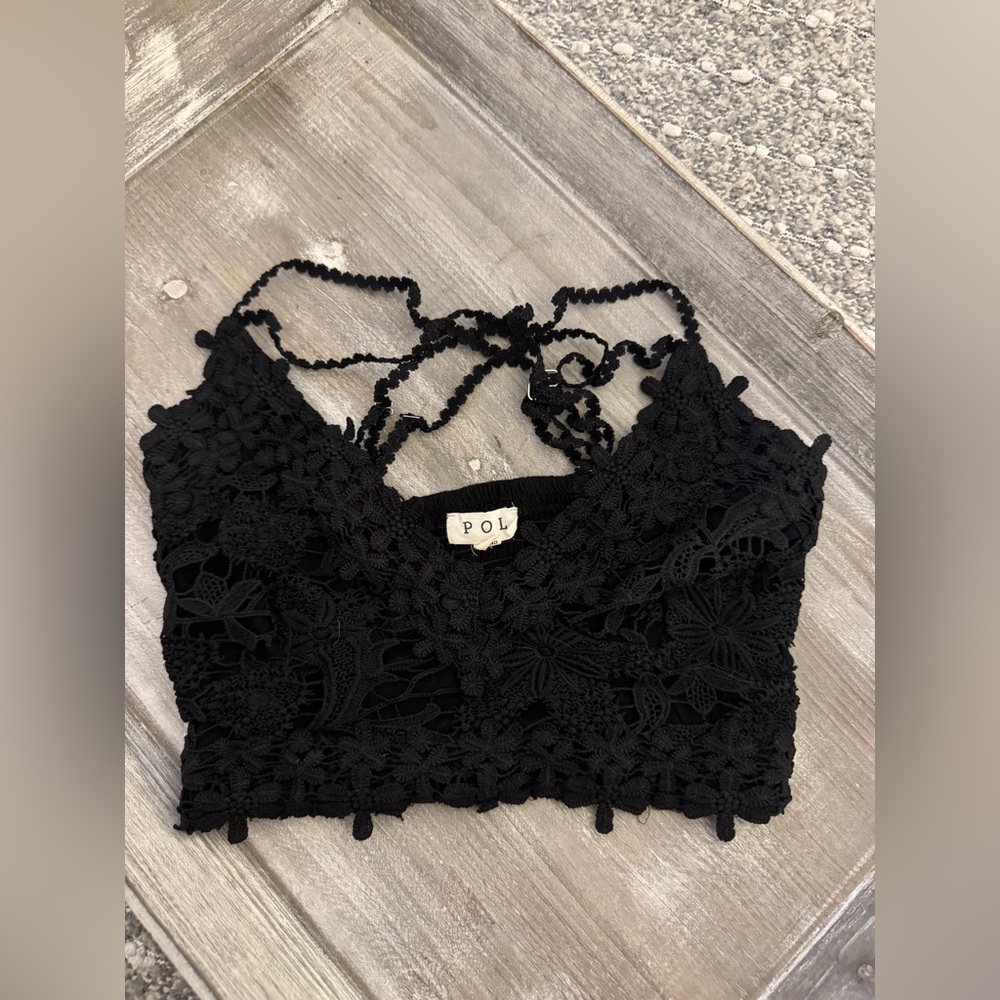 POL black lace crop top with adjustable straps, size S